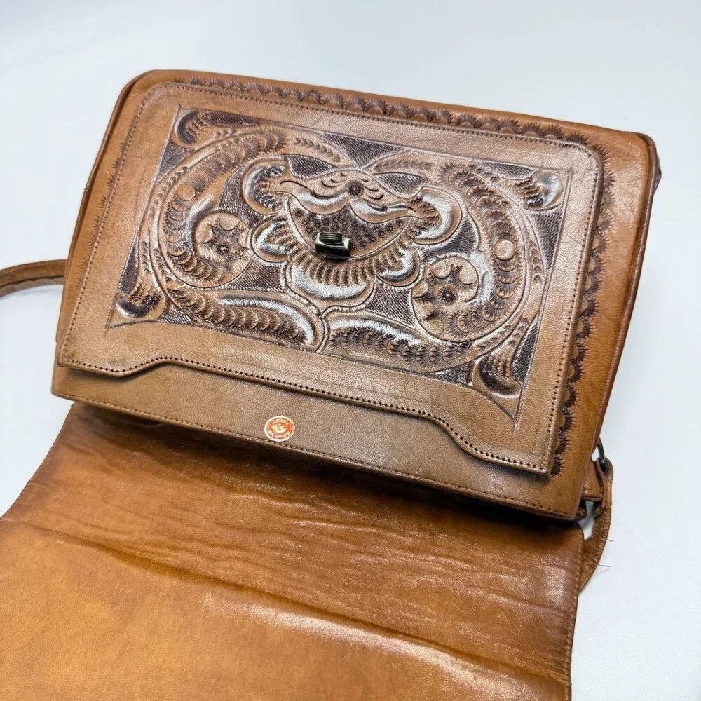 Vintage Hand Tooled Leather Shoulder Bag Made In Mexico Rose Flower - Picture 3 of 16